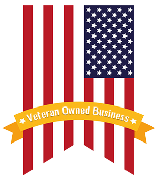 A vertical American flag with a yellow banner reading "Veteran Owned Business" across the center.