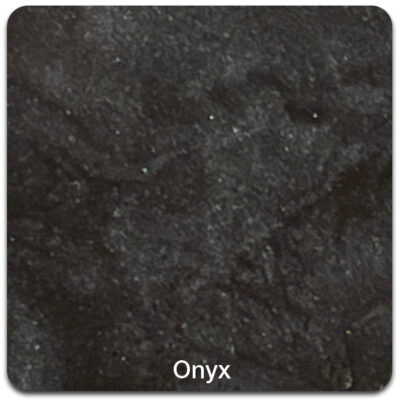 Close-up of a dark black stone surface with a rough texture; text at the bottom reads "Onyx.