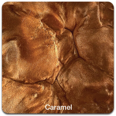 Close-up of a textured caramel-colored surface with subtle cracks and creases; labeled "Caramel" at the bottom.